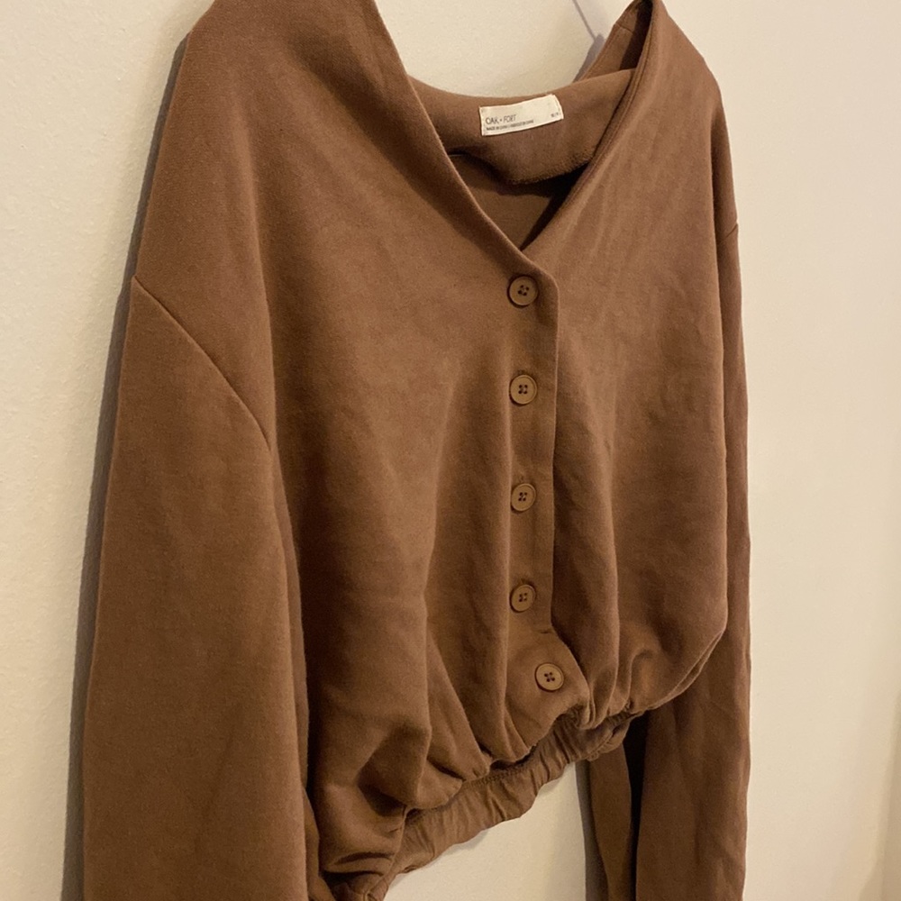 Oak and Fort Camel Cropped Cinched Sweater/Cardigan
